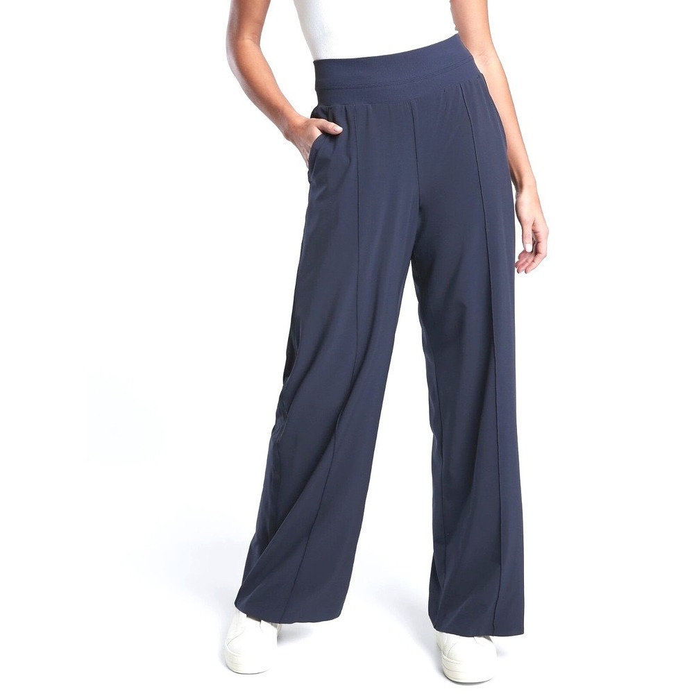 Athleta Nolita Wide Leg Pants Blue Grey High Rise Satin Stripe Size 2